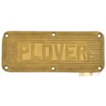 A cast brass deck plate of HMS Plover, minelayer 1937-69, rectangular with rounded corners,