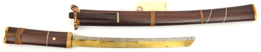 A Japanese gardener’s knife kurikibi with half brass and half steel blade 10”, in wood and bone