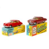 2 Corgi Toys. A Citroen D.S. 19 (210S). An example in bright red with yellow interior, with dished
