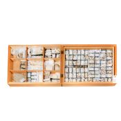 A wooden museum storage box containing two trays of fine specimens of fossil Molluscs from the Paris