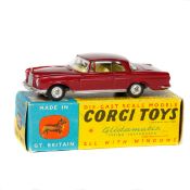 Corgi Toys Mercedes-Benz 220SE Coupe (230). In metallic cerise with yellow interior, small dished