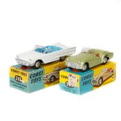 2 Corgi Toys. Triumph TR3 (305) in light metallic green with smooth wheels. Together with a Ford