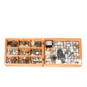 A wooden museum storage box containing two trays of fossils from the USA. Including molluscs,