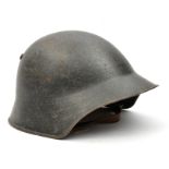 A Continental (Swiss?) steel helmet, with textured speckled grey finish, leather lining, and