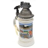 A post war German decorated beerstein, bearing coloured scenes of Imperial German railway troops and