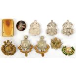 3 cap badges: R Sussex (2), RMLI (brooch pin); 3 sweetheart brooches: silver and tortoiseshell