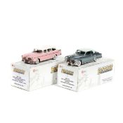 2x Brooklin 1:43 scale white metal models. A 1955 Chrysler Windsor estate car in pink and white.