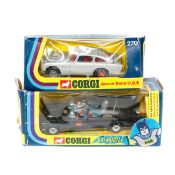 2 Corgi Toys. Batmobile, rocket firing and slasher blade, with Batman and Robin figures (267) plus a