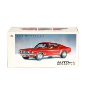 An Autoart 1:18 scale Ford Mustang GT, 1968. Example in red. Boxed as new. Vehicle Mint. £50-70