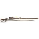 An 1821 pattern light cavalry trooper’s sword, in scabbard. QGC (backstrap/pommel missing, worn/