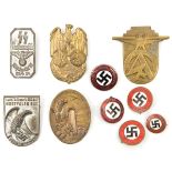 5 Third Reich circular enamelled pin back badges, with swastika centre and legend “Nun Erst