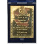 A Third Reich style presentation plaque, 9” x 6½”, of highly polished brass inscribed to Wilhelm
