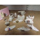 9 pieces of crested china, including Willow Art ambulance, arms of Blackpool, Savoy China field gun,