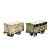2 Marklin Gauge One Midland Railway vans. A Refrigerator Meat Van and a covered Cattle Wagon. GC,