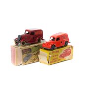 2 Tri-ang Royal Mail vans. A tinplate Ford van with white tyres and a plastic Morris van. Both