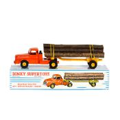 French Dinky Supertoys Willeme Log Lorry (897). Orange cab with yellow semi-trailer and concave