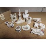 9 pieces of crested china, including Arcadian staff car, arms of Torquay, and warship, Gorleston-