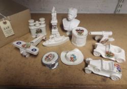 9 pieces of crested china, including Arcadian staff car, arms of Torquay, and warship, Gorleston-