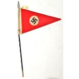 A Third Reich double sided triangular pennant, 18” x 11”, with applied swastika on both sides, the