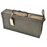 A WWII German MG42 steel ammunition box, sound condition but needs cleaning, containing a length