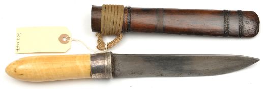 A 19th century Burmese dagger dha, SE blade 7¼” with hatchet point, plain polished ivory grip, the