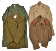 7 items of uniform, including 1940 pattern BD blouse (mothed), green “Overalls, Men’s, 100%