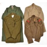 7 items of uniform, including 1940 pattern BD blouse (mothed), green “Overalls, Men’s, 100%
