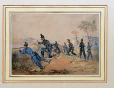 A watercolour painting of Rifle Volunteers, c 1865, by Henry Martens, showing riflemen in full dress