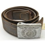 A Third Reich Waffen SS leather belt, with silver painted steel buckle. GC (light service wear to