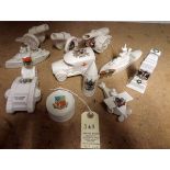 9 pieces of crested china, including Clays “Model of British Tank”, arms of Birmingham, “Foreign”