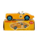 Dinky Toys Austin Healey 100 Sports (109). An example in orange with mid blue interior and wheels,