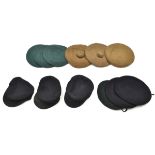 6 WWII blue cloth berets, with broad arrow and date stamps; 3 dark green WVS; 3 khaki Tam-o-