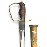 An Indian cavalry sword in the European style, heavy plated blade 33”, slotted brass guard into