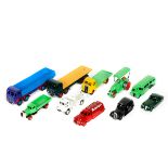 10 well restored Dinky Toys. Foden flatbed, Foden wagon, half cab bus, Austin Taxi, Studebaker