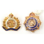 2 small enamelled 9ct gold sweetheart brooches, Geo VI RASC and Suffolk Regt, both marked 9ct.