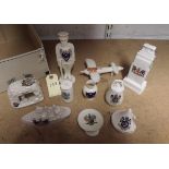 9 pieces of crested china, including Carlton China infantryman at attention “Are We Downhearted?