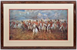 A large coloured print “The Charge of the Scots Greys at Waterloo”, after the original by Lady