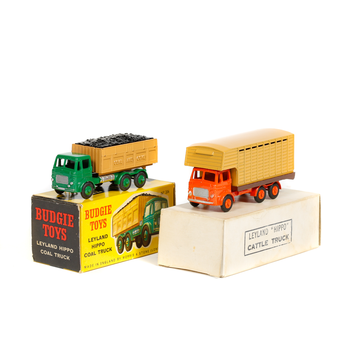 2 Budgie Toys Leyland Hippo Trucks. A Coal Truck (206) in green and brown. Together with a Cattle