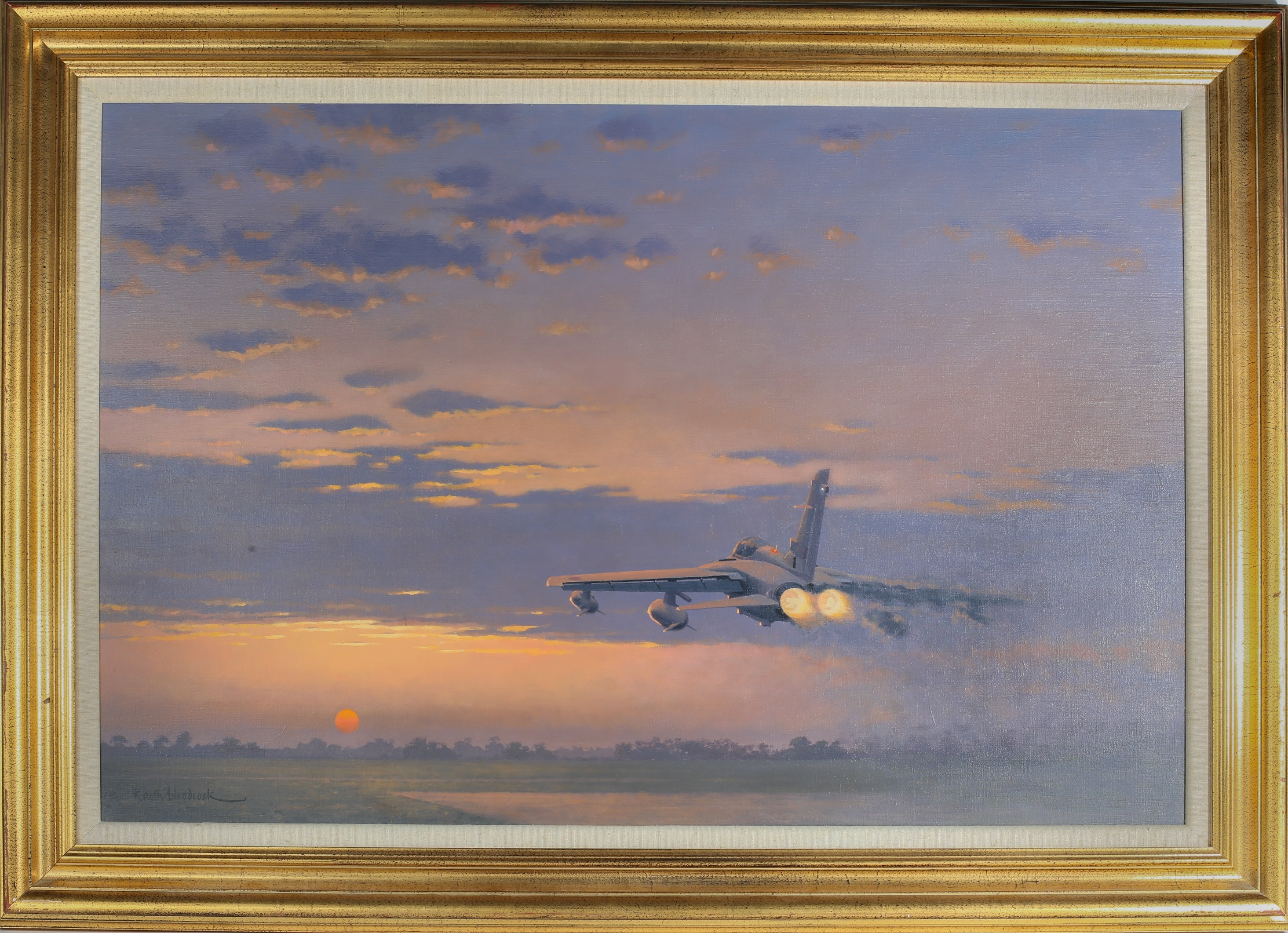 An oil painting on canvas entitled 'Dawn Thunder' by Keith Woodcock. Depicting an RAF Tornado GR1