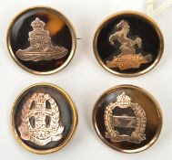 4 gold coloured on tortoiseshell roundel sweetheart brooches: RA, RW Kent, Middlesex and NZ