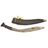 An early 19th century kukri, slender blade 15”, with short twin back fuller, and incised karba at