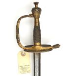 A German officer’s sword, c 1840, straight, SE, fullered blade 29½”, with traces of etching at