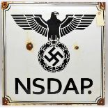 A rectangular black on white enamelled wall plaque, 20” x 20”, bearing Third Reich eagle and