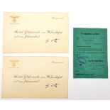 Two unused Christmas and New Year greeting cards from Hitler, with gold embossed eagle and