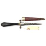 A Vic stiletto, wavy blade 5”, ball terminals to slender crossguard, tapered darkwood grip, the