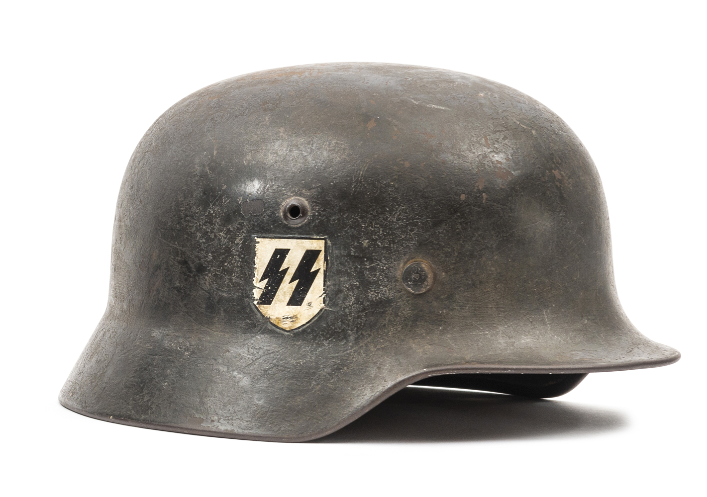 A Third Reich M35 double decal SS steel helmet, with maker’s mark “Q66” (Quist) and batch number