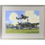 A watercolour painting of RAF aircraft by Wilf Hardy. The scene depicts 2 De Havilland Mosquitos