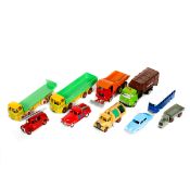10 well restored Dinky Toys. 2 Leyland Octopus - wagon and flatbed with tailboard, Studebaker Land