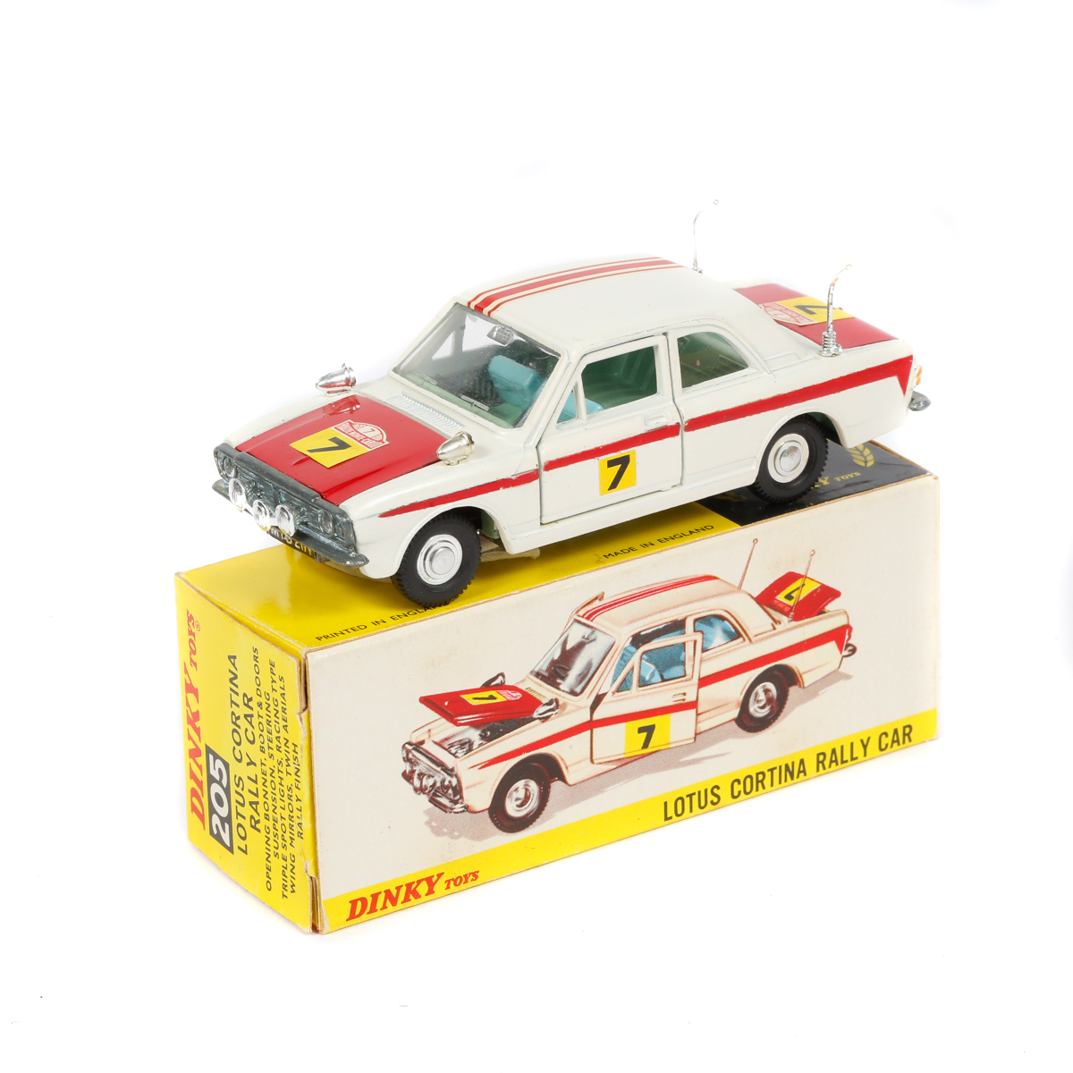 Dinky Toys Lotus Cortina Rally Car (205). A Mk.2 Cortina in white with red bonnet and boot, red