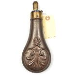 A copper powder flask “Shell & Bush” (Riling 372) common brass top, graduated nozzle 2¼-3 “Drams”,